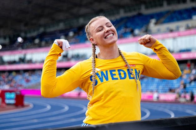 10.08.2026, GBR, Leichtathletik, Europameisterschaft 2026, Morgensession Tag 1, Birmingham Axelina Johansson ( Schweden ) freut sich über den Finaleinzug, Kugelstoßen Damen, Qualifikation Birmingham Alexander Stadium England Großbritannien *** August 10, 2026, GBR, Track and Field, 2026 European Championships, Morning Session, Day 1, Birmingham; Axelina Johansson of Sweden celebrates advancing to the final, Women’s Shot Put, Qualifying Round, Alexander Stadium, Birmingham, England, Great Britain Copyright: xNordphoto Memmlerx