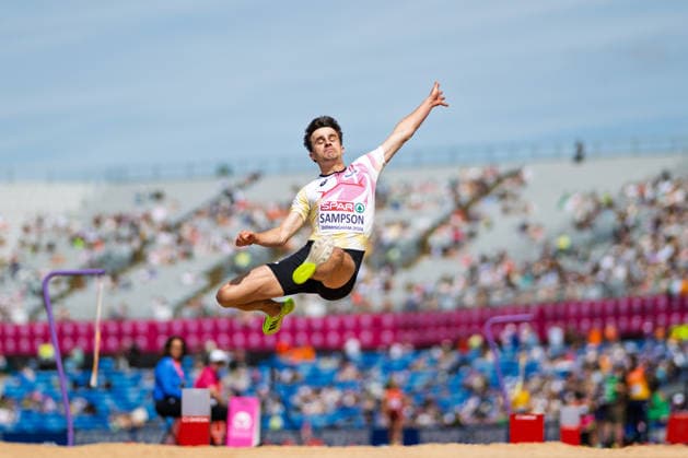 BIRMINGHAM, UNITED KINGDOM - AUGUST 10: Yanni Sampson of Belgium competes in the Men s Long Jump during the European Athletics Championships at Alexander Stadium on August 10, 2026 in Birmingham, United Kingdom. England United Kingdom Copyright: xBEAUTIFULxSPORTS TobiasxLacknerx