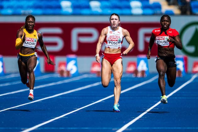 European Athletics Championships; Birmingham, 10.08.2026 BIRMINGHAM, UNITED KINGDOM - AUGUST 10: left to right: Chelsea Kadiri (GER - Germany), Isabel Posch (AUT - Austria), and Nathacha Kouni (Switzerland) compete in the first round of the womens 100 m on August 10, 2026 in Birmingham, United Kingdom. *** European Athletics Championships, Birmingham, August 10, 2026 BIRMINGHAM, UNITED KINGDOM AUGUST 10 From left to right: Chelsea Kadiri (GER, Germany), Isabel Posch (AUT) Austria, and Nathacha Kouni (SUI) Switzerland compete in the first round of the women’s 100-meter dash on August 10, 2026, in Birmingham, United Kingdom Copyright: xBEAUTIFULxSPORTS UlfxSchillerx