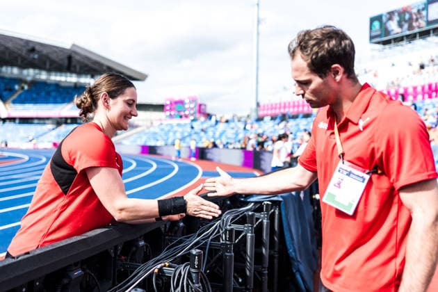 European Athletics Championships; Birmingham, 10.08.2026 BIRMINGHAM, UNITED KINGDOM - AUGUST 10: Miryam Mazenauer (Switzerland) and Coach Marco Forrer during the qualification of the womens shot put on August 10, 2026 in Birmingham, United Kingdom. *** European Athletics Championships, Birmingham, August 10, 2026 BIRMINGHAM, UNITED KINGDOM AUGUST 10 Miryam Mazenauer of Switzerland and Coach Marco Forrer during the women s shot put qualifying round on August 10, 2026, in Birmingham, United Kingdom Copyright: xBEAUTIFULxSPORTS UlfxSchillerx
