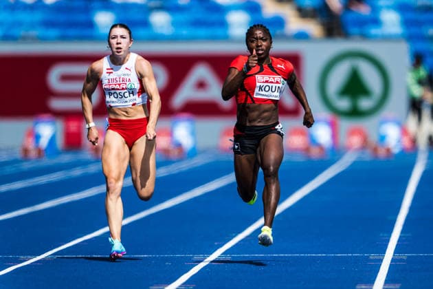 European Athletics Championships; Birmingham, 10.08.2026 BIRMINGHAM, UNITED KINGDOM - AUGUST 10: Isabel Posch (AUT - Austria), left, and Nathacha Kouni (Switzerland), right, compete in the first round of the womens 100 m on August 10, 2026 in Birmingham, United Kingdom. *** European Athletics Championships, Birmingham, August 10, 2026 BIRMINGHAM, UNITED KINGDOM, AUGUST 10—Isabel Posch (AUT, Austria), left, and Nathacha Kouni (Switzerland), right, compete in the first round of the women’s 100-meter dash on August 10, 2026, in Birmingham, United Kingdom Copyright: xBEAUTIFULxSPORTS UlfxSchillerx
