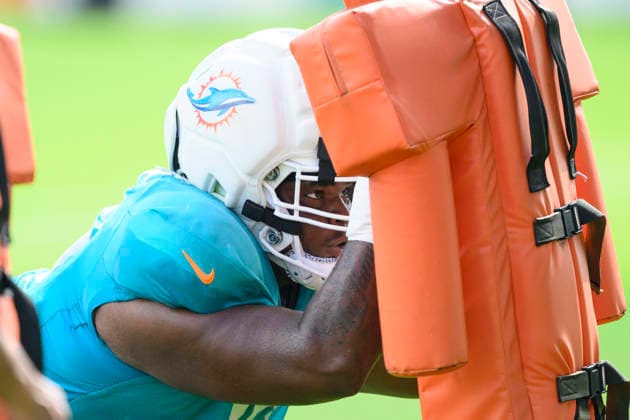 MIAMI GARDENS, FL - AUGUST 10: Miami Dolphins defensive lineman Kenneth Grant (78) runs a blocking drill during the Miami Dolphins Training Camp on August 10 2026, at the Baptist Health Training Complex in Miami Gardens, FL. (Photo by Doug Murray Icon Sportswire) NFL, American Football Herren, USA AUG 10 Dolphins Training Camp EDITORIAL USE ONLY Icon796260810022