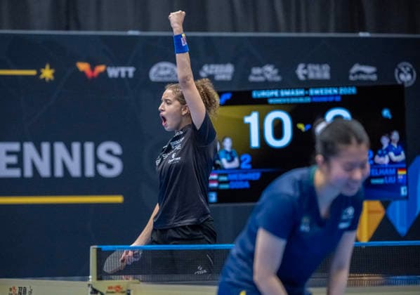 Egypt s Hana Goda (paired with Dina Meshref) celebrates in the match against Germany s Nina Mittelham and Australia s Yangzi Liu in the first round of the women s doubles tournament at the Europe Smash Sweden 2026 Table tennis, Tischtennis tournament at Baltiska Hallen in Malmö, Sweden, on August 10, 2026. MALMÖ SWEDEN x50090x *** Egypt s Hana Goda, paired with Dina Meshref, celebrates during their match against Germany s Nina Mittelham and Australia s Yangzi Liu in the first round of the women s doubles tournament at the Europe Smash Sweden 2026 table tennis tournament at Baltiska Hallen in Malmö, Sweden, on August 10, 2026 MALMÖ, SWEDEN x50090x  Copyright: xJohanxNilssonx xTTx EUROPE SMASH SWEDEN 2026
