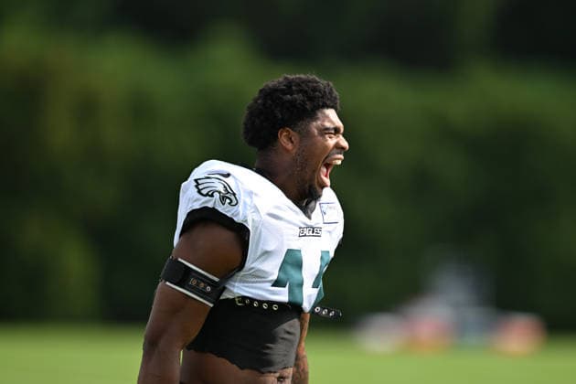 PHILADELPHIA, PA - AUGUST 10: Philadelphia Eagles linebacker Jihaad Campbell 11 reacts during the Philadelphia Eagles training camp on August 10th, 2026 at Jefferson Health Training Complex in Philadelphia, PA. (Photo by Terence Lewis Icon Sportswire) NFL, American Football Herren, USA AUG 10 Eagles Training Camp EDITORIAL USE ONLY Icon260810004