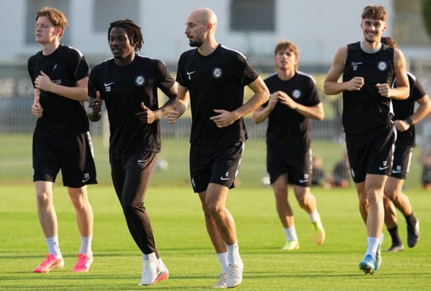 SOCCER - UEFA CL, Sturm vs Fenerbahce GRAZ,AUSTRIA,10.AUG.26 - SOCCER - UEFA Champions League, qualification, Sturm Graz vs Fenerbahce Istanbul, preview, training Sturm. Image shows Luca Weinhandl, Seedy Jatta, Gorenc Stankovic and Szymon Wlodarczyk (Sturm).  GEPAxpictures xMichaelxRiedler
