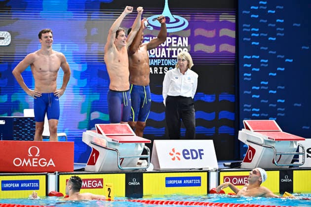 PARIS, FRANCE 20260810 France s Leon Marchand during the men s 4x200m freestyle final at the European Swimming Championships in Paris. ***The image is included in the SPORTS PACKAGE. For others PAYMENT IMAGE*** PARIS FRANCE x10430x *** PARIS, FRANCE 20260810 France s Leon Marchand during the men s 4x200m freestyle final at the European Swimming Championships in Paris ***This image is included in the SPORTS PACKAGE. For other images, please contact us for pricing.*** PARIS, FRANCE x10430x  Copyright: xChristinexOlsson TTx SIM EURO 2026 PARIS