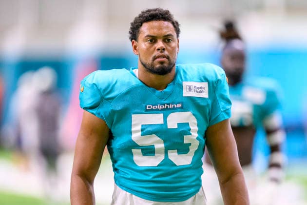 MIAMI GARDENS, FL - AUGUST 10: Miami Dolphins linebacker Cameron Goode (53) stands during the Miami Dolphins Training Camp on August 10 2026, at the Baptist Health Training Complex in Miami Gardens, FL. (Photo by Doug Murray Icon Sportswire) NFL, American Football Herren, USA AUG 10 Dolphins Training Camp EDITORIAL USE ONLY Icon796260810121