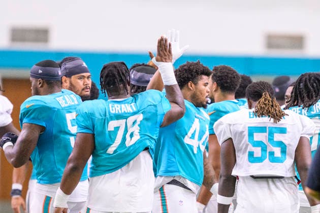 MIAMI GARDENS, FL - AUGUST 10: Miami Dolphins defensive lineman Kenneth Grant (78) high fives linebacker Chop Robinson (44) during the Miami Dolphins Training Camp on August 10 2026, at the Baptist Health Training Complex in Miami Gardens, FL. (Photo by Doug Murray Icon Sportswire) NFL, American Football Herren, USA AUG 10 Dolphins Training Camp EDITORIAL USE ONLY Icon796260810126