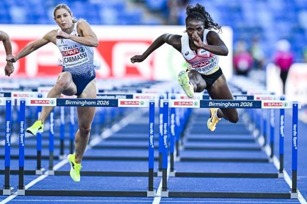 Belgian Yania Ndjip-Nyemeck pictured in action during the semi-finals of the women s 100m Hurdles race at the European Athletics Championships (August 10-18) in Birmingham, United Kingdom, on Monday 10 August 2026. ERICxLALMAND  x183105308x