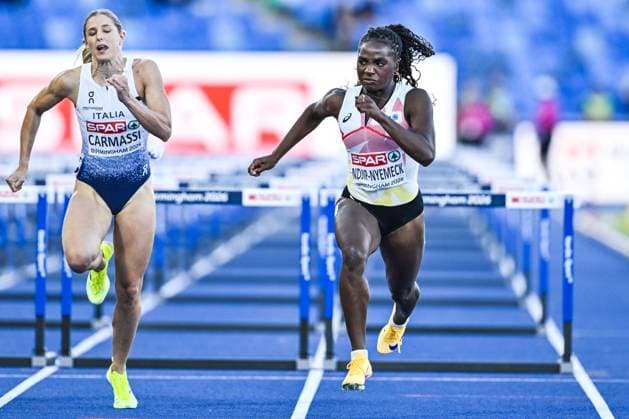 Belgian Yania Ndjip-Nyemeck pictured in action during the semi-finals of the women s 100m Hurdles race at the European Athletics Championships (August 10-18) in Birmingham, United Kingdom, on Monday 10 August 2026. ERICxLALMAND  x183105335x