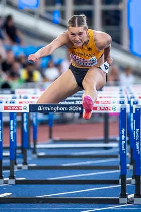 BIRMINGHAM, GREAT BRITAIN - AUGUST 10, 2026 : Lia FLOTOW (GER Germany) competing in the 100m hurdles during the European Athletics Championships at Alexander Stadium on August 10, 2026 in Birmingham, Great Britain. Nordrhein-Westfalen Great Britain Copyright: xLeahxKohringx