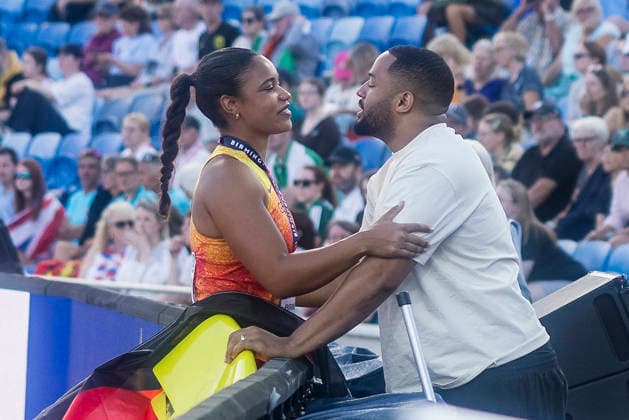 BIRMINGHAM, GREAT BRITAIN - AUGUST 10, 2026 : Yemisi MABRY (GER Germany) wins Bronze and and celebrates with her husband in the shop put final during the European Athletics Championships at Alexander Stadium on August 10, 2026 in Birmingham, Great Britain. Oregon Great Britain Copyright: xAxelxKohringx