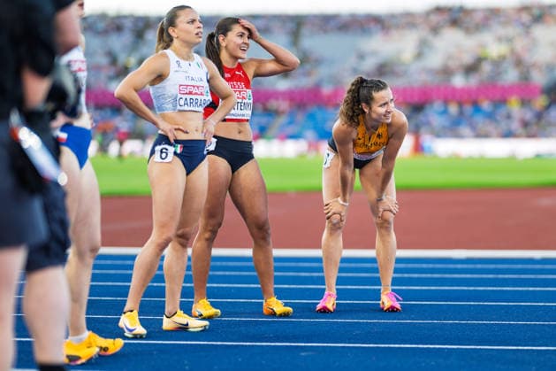 BIRMINGHAM, UNITED KINGDOM - AUGUST 10: Larissa BertÃ nyi of Switzerland and Rosina Schneider of Germany competes in the Women s 100m Hurdles during the European Athletics Championships at Alexander Stadium on August 10, 2026 in Birmingham, United Kingdom. England United Kingdom Copyright: xBEAUTIFULxSPORTS TobiasxLacknerx
