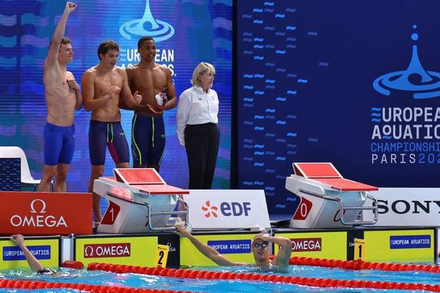 Championnat d Europe de natation PHOTOPQR LE COURRIER PICARD Haslin ; Saint Denis ; 10 08 2026 ; 10 08 26 Championnat d Europe de natation Centre Aquatique Olympique Finale du relais 4x200m nage libre Hommes - Léon Marchand - Pierre Largeron - Sauveur Cristofini - Roman Fuchs - 2èmes medaille d argent Photo Fred Haslin LEN European Aquatics Championships at the Olympic Aquatic Centre in Saint-Denis, northern suburbs of Paris, on August 10, 2026 Saint Denis 93 France  Copyright: xPHOTOPQR LExCOURRIERxPICARD MAXPxHaslinx 20260810LCP8568 20260810LCP8568