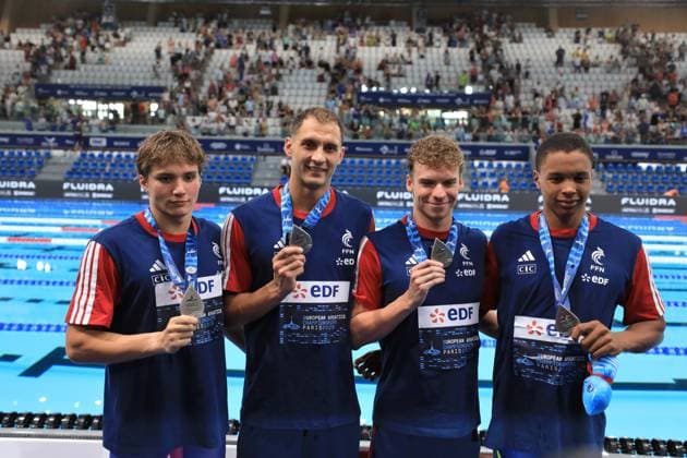 Championnat d Europe de natation PHOTOPQR LE COURRIER PICARD Haslin ; Saint Denis ; 10 08 2026 ; 10 08 26 Championnat d Europe de natation Centre Aquatique Olympique Finale du relais 4x200m nage libre Hommes - Pierre Largeron - Roman Fuchs - Sauveur Cristofini - Léon Marchand - 2èmes medaille d argent Photo Fred Haslin LEN European Aquatics Championships at the Olympic Aquatic Centre in Saint-Denis, northern suburbs of Paris, on August 10, 2026 Saint Denis 93 France  Copyright: xPHOTOPQR LExCOURRIERxPICARD MAXPxHaslinx 20260810LCP8579 20260810LCP8579