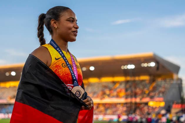 BIRMINGHAM, GREAT BRITAIN - AUGUST 10, 2026 : Yemisi MABRY (GER Germany) wins bronze in the shot put during the European Athletics Championships at Alexander Stadium on August 10, 2026 in Birmingham, Great Britain. Nordrhein-Westfalen Great Britain Copyright: xLeahxKohringx