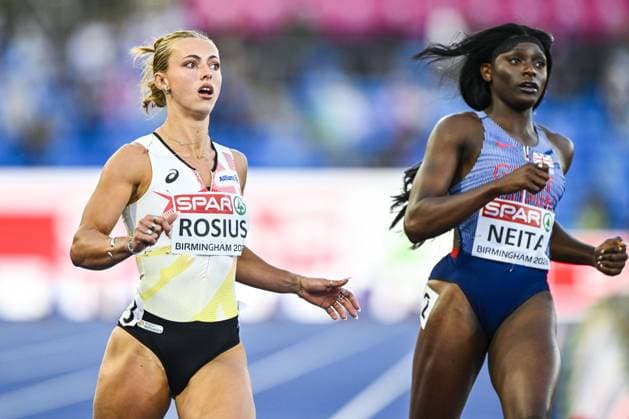 Belgian Rani Rosius reacts at the end of the semi-finals of the women s 100m race at the European Athletics Championships (August 10-18) in Birmingham, United Kingdom, on Monday 10 August 2026. ERICxLALMAND  x183106346x