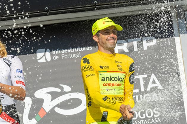 5th Stage Podium At The 87th Volta A Portugal French cyclist Alexis Guerin of Anicolor Campicarn receives the yellow jersey as leader of the general classification after the 5th Stage of the 87th Volta a Portugal, an individual time trial from Anadia to Agueda, Portugal, on August 10, 2026. Agueda Portugal  Copyright: xEduardoxAlmeidax originalFilename:almeida-alexisgu260810_npGGj.jpg
