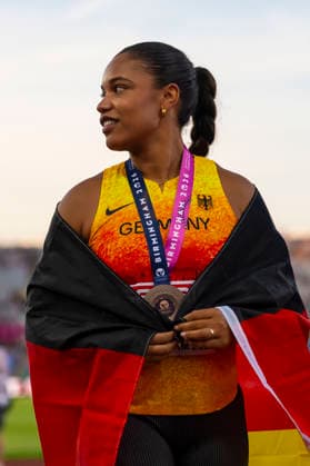 BIRMINGHAM, GREAT BRITAIN - AUGUST 10, 2026 : Yemisi MABRY (GER Germany) wins bronze in the shot put during the European Athletics Championships at Alexander Stadium on August 10, 2026 in Birmingham, Great Britain. Nordrhein-Westfalen Great Britain Copyright: xLeahxKohringx