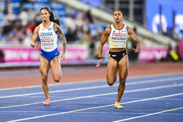 Belgian Delphine Nkansa (R) pictured in action during the semi-finals of the women s 100m race at the European Athletics Championships (August 10-18) in Birmingham, United Kingdom, on Monday 10 August 2026. ERICxLALMAND  x183106404x