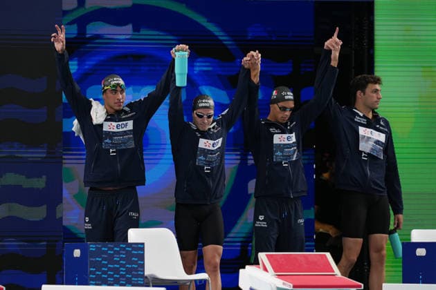 Carlos D Ambrosio, Marco De Tullio, Jacopo Barbotti e Filippo Megli Men™s team Italy relay 4x200 at the Swimming European Aquatics Championships Paris 2026, Paris, August 10, 2026 .  Copyright: xGianxMattiaxD Alberto LaPressex