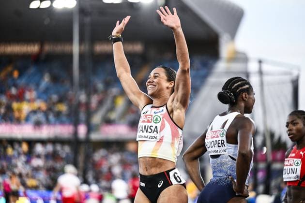 Belgian Delphine Nkansa celebrates after she finished second and qualified for the final during the semi-finals of the women s 100m race at the European Athletics Championships (August 10-18) in Birmingham, United Kingdom, on Monday 10 August 2026. ERICxLALMAND  x183107321x
