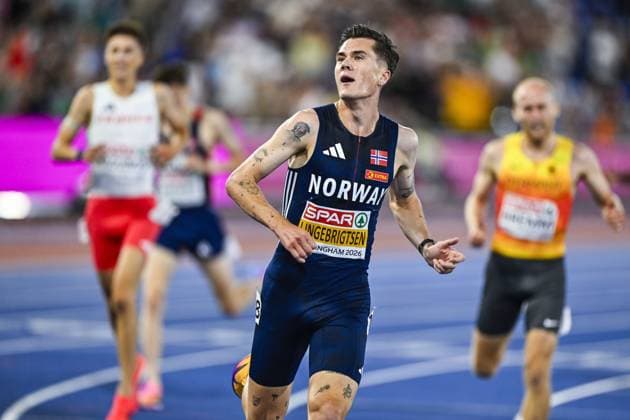 Norwegian Jakob Ingebrigtsen celebrates after winning the men s 5000m race at the European Athletics Championships (August 10-18) in Birmingham, United Kingdom, on Monday 10 August 2026. ERICxLALMAND  x183108054x