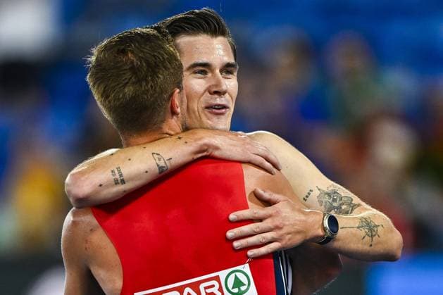 Norwegian Jakob Ingebrigtsen celebrates after winning the men s 5000m race at the European Athletics Championships (August 10-18) in Birmingham, United Kingdom, on Monday 10 August 2026. ERICxLALMAND  x183108070x
