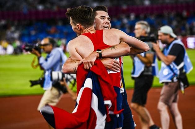 Norwegian Jakob Ingebrigtsen celebrates after winning the men s 5000m race at the European Athletics Championships (August 10-18) in Birmingham, United Kingdom, on Monday 10 August 2026. ERICxLALMAND  x183108215x