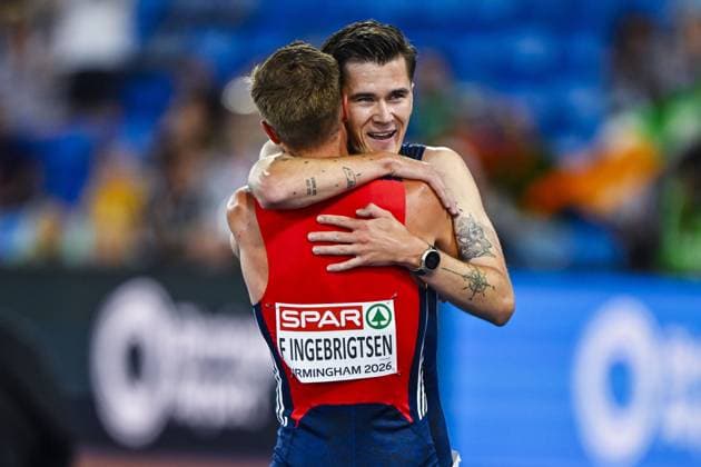 Norwegian Jakob Ingebrigtsen celebrates after winning the men s 5000m race at the European Athletics Championships (August 10-18) in Birmingham, United Kingdom, on Monday 10 August 2026. ERICxLALMAND  x183108217x