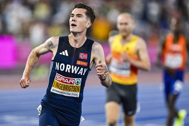 Norwegian Jakob Ingebrigtsen runs to win the men s 5000m race at the European Athletics Championships (August 10-18) in Birmingham, United Kingdom, on Monday 10 August 2026. ERICxLALMAND  x183108443x
