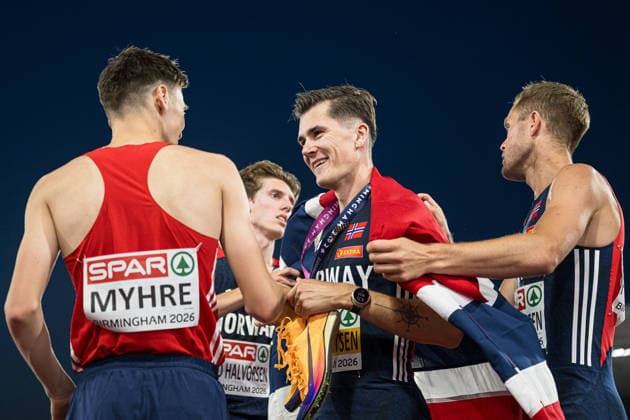 260810 Magnus Tuv Myhre of Norway, Andreas Fjeld Halvorsen of Norway, Jakob Asserson Ingebrigtsen and Filip Mangen Ingebrigtsen of Norway of Norway celebrate after men s 5000 meter in during day 1 of the 2026 European Athletics Championships on August 10, 2026 in Birmingham. Photo: Mathias Bergeld BILDBYRAN kod MB MT1064 friidrott athletics friidrett friidrotts-em em friidretts-em 2026 european athletics championships 1 bbeng jubel norge *** 260810 Magnus Tuv Myhre of Norway, Andreas Fjeld Halvorsen of Norway, Jakob Asserson Ingebrigtsen, and Filip Mangen Ingebrigtsen of Norway celebrate after the men’s 5,000-meter race on Day 1 of the 2026 European Athletics Championships on August 10, 2026 in Birmingham. Photo by Mathias Bergeld, BILDBYRAN, code MB MT1064. track and field, athletics, friidrett, friidrotts EM, 2026 European Athletics Championships, 1, celebration, Norway  Copyright: MATHIASxBERGELD BB260810MB114