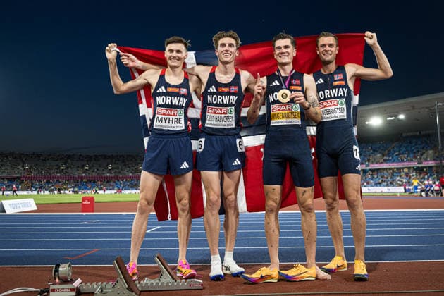 260810 Magnus Tuv Myhre of Norway, Andreas Fjeld Halvorsen of Norway, Jakob Asserson Ingebrigtsen and Filip Mangen Ingebrigtsen of Norway of Norway celebrate after men s 5000 meter in during day 1 of the 2026 European Athletics Championships on August 10, 2026 in Birmingham. Photo: Mathias Bergeld BILDBYRAN kod MB MT1064 friidrott athletics friidrett friidrotts-em em friidretts-em 2026 european athletics championships 1 bbeng jubel norge *** 260810 Magnus Tuv Myhre of Norway, Andreas Fjeld Halvorsen of Norway, Jakob Asserson Ingebrigtsen, and Filip Mangen Ingebrigtsen of Norway celebrate after the men’s 5,000-meter race on Day 1 of the 2026 European Athletics Championships on August 10, 2026 in Birmingham. Photo by Mathias Bergeld, BILDBYRAN, code MB MT1064. track and field, athletics, friidrett, friidrotts EM, 2026 European Athletics Championships, 1, celebration, Norway  Copyright: MATHIASxBERGELD BB260810MB115