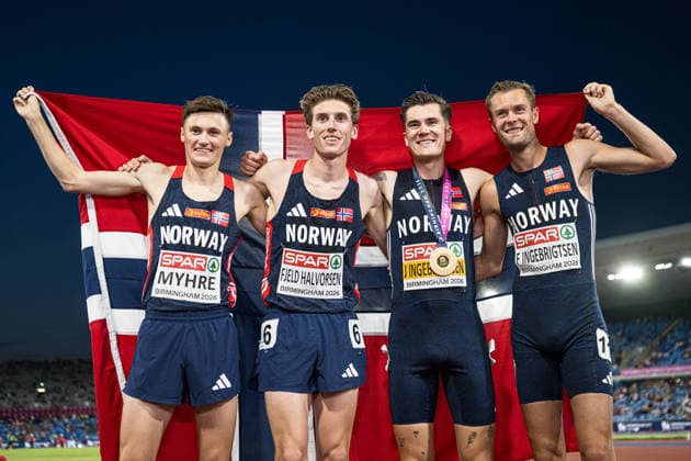 260810 Magnus Tuv Myhre of Norway, Andreas Fjeld Halvorsen of Norway, Jakob Asserson Ingebrigtsen and Filip Mangen Ingebrigtsen of Norway of Norway celebrate after men s 5000 meter in during day 1 of the 2026 European Athletics Championships on August 10, 2026 in Birmingham. Photo: Mathias Bergeld BILDBYRAN kod MB MT1064 friidrott athletics friidrett friidrotts-em em friidretts-em 2026 european athletics championships 1 bbeng jubel norge *** 260810 Magnus Tuv Myhre of Norway, Andreas Fjeld Halvorsen of Norway, Jakob Asserson Ingebrigtsen, and Filip Mangen Ingebrigtsen of Norway celebrate after the men’s 5,000-meter race on Day 1 of the 2026 European Athletics Championships on August 10, 2026 in Birmingham. Photo by Mathias Bergeld, BILDBYRAN, code MB MT1064. track and field, athletics, friidrett, friidrotts EM, 2026 European Athletics Championships, 1, celebration, Norway  Copyright: MATHIASxBERGELD BB260810MB117