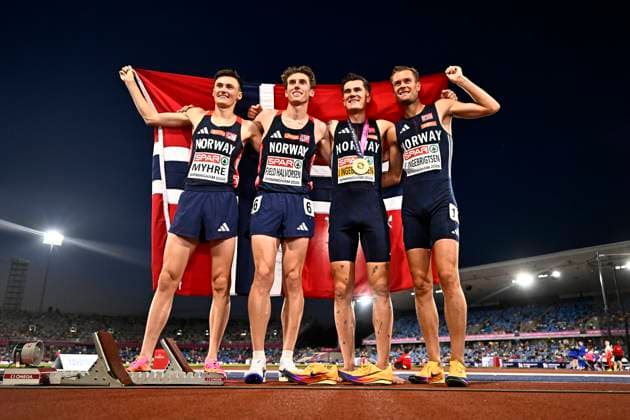 European Athletics Championships Birmingham 2026 - day 1 BIRMINGHAM, ENGLAND - AUGUST 10 : Team Norway with Ingebrigsten Jakob (NOR) winner of the gold medal during the 5000m on day 1 of the Birmingham 2026 European Athletics Championships on August 10, 2026 in Birmingham, England, 10 08 2026 Birmingham ENGLAND  Copyright: xTomasxSiskx