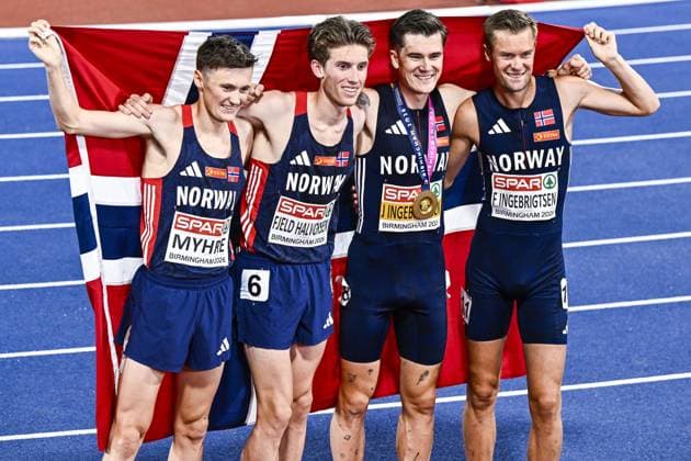 L-R, Norwegian Magnus Tuv Myhre, Norwegian Andreas Fjeld Halvorsen, gold medalist Norwegian Jakob Ingebrigtsen and Norwegian Filip Ingebrigtsen celebrate at the men s 5000m race at the European Athletics Championships (August 10-18) in Birmingham, United Kingdom, on Monday 10 August 2026. ERICxLALMAND  x183108902x