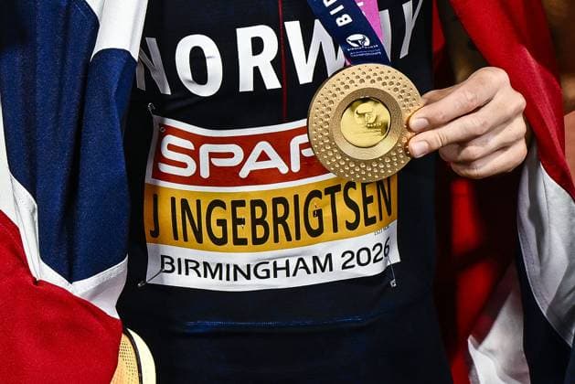 Close up on the gold medal of Norwegian Jakob Ingebrigtsen after the men s 5000m race at the European Athletics Championships (August 10-18) in Birmingham, United Kingdom, on Monday 10 August 2026. ERICxLALMAND  x183108906x