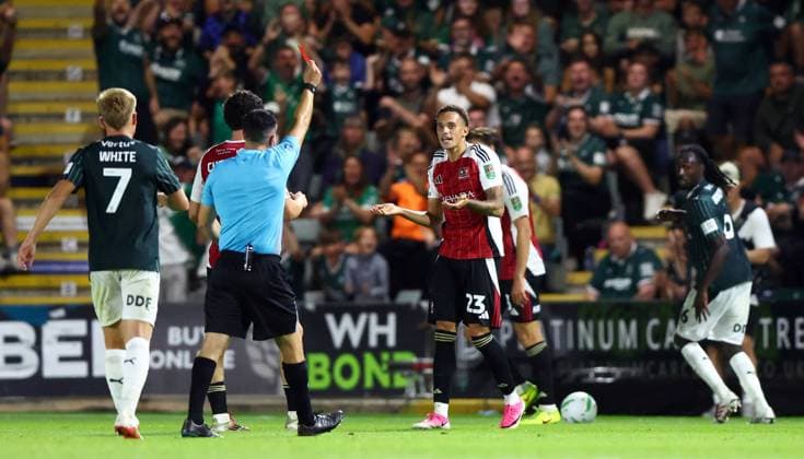 Ethan Sutherland of Exeter City is sent off Plymouth Argyle v Exeter City, EFL Carabao Cup, First Round, Football, Home Park, Plymouth, UK - 10 Aug 2026Plymouth Home Park United Kingdom EDITORIAL USE ONLY No use with unauthorised audio, video, data, fixture lists, club league logos or live services. Online in-match use limited to 120 images, no video emulation. No use in betting, games or single club league player publications.  Copyright: xKieranxMcManus Shutterstockx 17061087bk