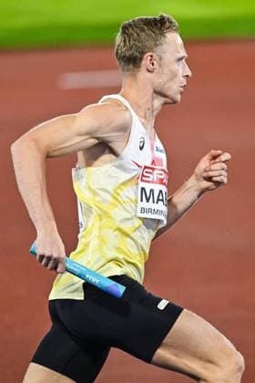 Belgian third runner Florent Mabille pictured in action during the finals of the 4x400m mixed relay at the European Athletics Championships (August 10-18) in Birmingham, United Kingdom, on Monday 10 August 2026. ERICxLALMAND  x183109905x