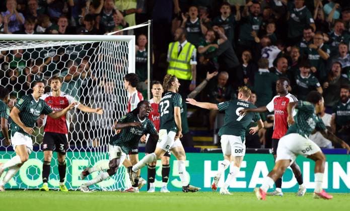 Alex Hartridge of Plymouth Argyle celebrates scoring a goal to make the score 1-0 Plymouth Argyle v Exeter City, EFL Carabao Cup, First Round, Football, Home Park, Plymouth, UK - 10 Aug 2026Plymouth Home Park United Kingdom EDITORIAL USE ONLY No use with unauthorised audio, video, data, fixture lists, club league logos or live services. Online in-match use limited to 120 images, no video emulation. No use in betting, games or single club league player publications.  Copyright: xKieranxMcManus Shutterstockx 17061087bn