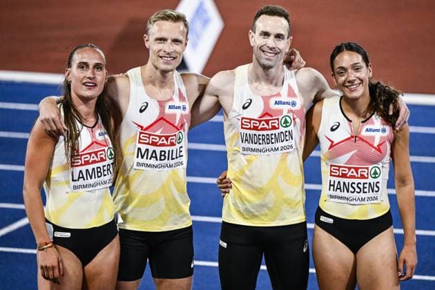 L-R, Belgian fourth runner Kylie Lambert, Belgian third runner Florent Mabille, Belgian first runner Robin Vanderbemden and Belgian second runner Ilana Hanssens pictured after the finals of the 4x400m mixed relay at the European Athletics Championships (August 10-18) in Birmingham, United Kingdom, on Monday 10 August 2026. ERICxLALMAND  x183110029x