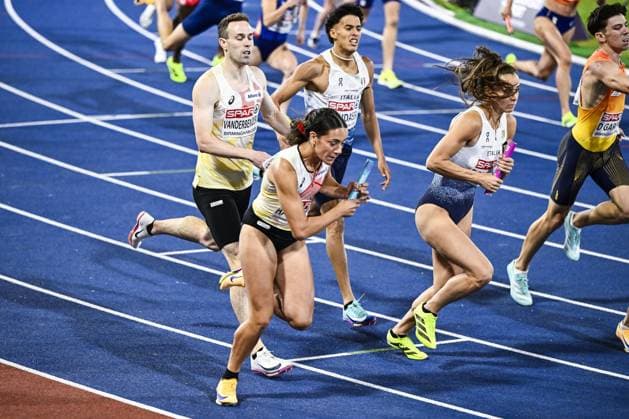 Belgian first runner Robin Vanderbemden and Belgian second runner Ilana Hanssens pictured in action during the finals of the 4x400m mixed relay at the European Athletics Championships (August 10-18) in Birmingham, United Kingdom, on Monday 10 August 2026. ERICxLALMAND  x183110057x