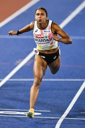 Third placed Belgian Delphine Nkansa pictured on the finish line of the final of the women s 100m race at the European Athletics Championships (August 10-18) in Birmingham, United Kingdom, on Monday 10 August 2026. ERICxLALMAND  x183110107x