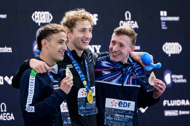 260810 Alberto Razzetti of Italy, Ilia Borodin of Neutral Athletes B (Russia) and Max Litchfield of Great Britain with their medals on the podium after men™s 400 meters individual medley swimming final during day eleven of the 2026 European Aquatics Championships on August 10, 2026 in Saint-Denis. Photo: Joel Marklund BILDBYRAN kod JM JM0838 bbeng simning swimming svomming 2026 european aquatics championships em Ryssland Russia *** August 10, 2026: Alberto Razzetti of Italy, Ilia Borodin of Neutral Athletes B (Russia), and Max Litchfield of Great Britain with their medals on the podium after the men’s 400-meter individual medley swimming final on the eleventh day of the 2026 European Aquatics Championships on August 10, 2026 in Saint Denis. Photo by Joel Marklund. BILDBYRAN code JM JM0838 bbeng swimming 2026 European Aquatics Championships EM Russia  Copyright: JOELxMARKLUND BB260810JM181