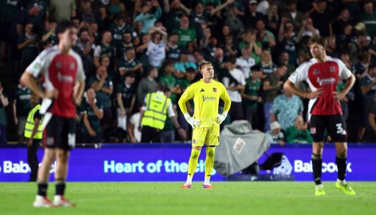 Jack Bycroft of Exeter City shows a look of dejection after conceding the second goal Plymouth Argyle v Exeter City, EFL Carabao Cup, First Round, Football, Home Park, Plymouth, UK - 10 Aug 2026Plymouth Home Park United Kingdom EDITORIAL USE ONLY No use with unauthorised audio, video, data, fixture lists, club league logos or live services. Online in-match use limited to 120 images, no video emulation. No use in betting, games or single club league player publications.  Copyright: xKieranxMcManus Shutterstockx 17061087bv