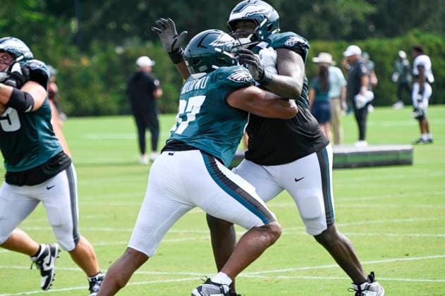 August 10, 2026, Philadelphia, Pennsylvania, United States: EagleÃ¢â‚¬â ¢s T JOHN OJUKWU (67) and T FRED JOHNSON (74) at training camp held at the Jefferson Health Training Complex in Philadelphia Pa NFL, American Football Herren, USA 2026: Philadelphia Eagles Training Camp  - ZUMArf1_ 20260810_zaf_rf1_017 Copyright: xRickyxFitchettx
