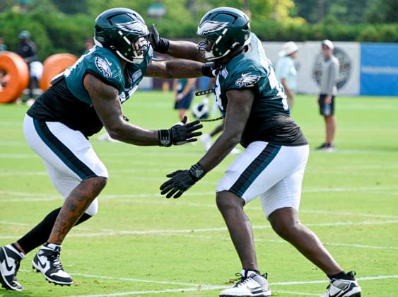 August 10, 2026, Philadelphia, Pennsylvania, United States: EagleÃ¢â‚¬â ¢s T CAMERON WILLIAMS (73) and T FRED JOHNSON (74) at training camp held at the Jefferson Health Training Complex in Philadelphia Pa NFL, American Football Herren, USA 2026: Philadelphia Eagles Training Camp  - ZUMArf1_ 20260810_zaf_rf1_019 Copyright: xRickyxFitchettx