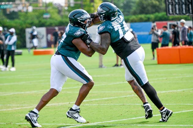 August 10, 2026, Philadelphia, Pennsylvania, United States: EagleÃ¢â‚¬â ¢s T JOHN OJUKWU (67) and T FRED JOHNSON (74) at training camp held at the Jefferson Health Training Complex in Philadelphia Pa NFL, American Football Herren, USA 2026: Philadelphia Eagles Training Camp  - ZUMArf1_ 20260810_zaf_rf1_020 Copyright: xRickyxFitchettx