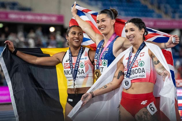 BIRMINGHAM, GREAT BRITAIN - AUGUST 10, 2026 : 100m final: Amy HUNT (GBR Great Britain), Ewa SWOBODA (POL Poland) and Delphine NKANSA (BEL Belgium) during the European Athletics Championships at Alexander Stadium on August 10, 2026 in Birmingham, Great Britain. Nordrhein-Westfalen Great Britain Copyright: xLeahxKohringx