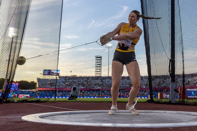 BIRMINGHAM, GREAT BRITAIN - AUGUST 10, 2026 : Aileen KUHN (GER Germany) competing in the hammer throw qualification during the European Athletics Championships at Alexander Stadium on August 10, 2026 in Birmingham, Great Britain. Oregon Great Britain Copyright: xAxelxKohringx